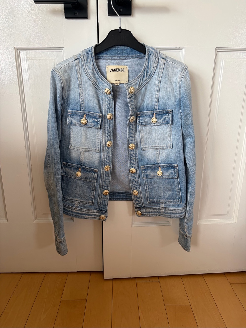 L'AGENCE Light Blue Denim Military-Style Jacket with Gold Buttons